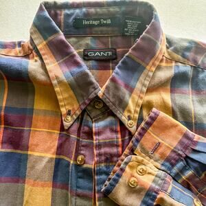 GANT VTG Heritage Twill XL Button Down Plaid Blue Purple Yellow Long Sleeve